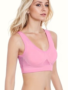 Women Seamless V <b>Neck</b> Sports Bra Breathable Mesh Ventilation Yoga Crop Top Removable <b>Padded</b> Running Activewear Bralette - Product Image 2