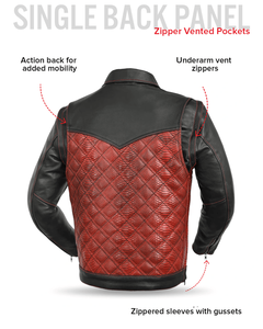 <b>Men's</b> Motorcycle <b>Leather</b> <b>Jacket</b> Red Diamond Quilted Body Black Sleeves Shirt Collar Button Snaps - Product Image 4