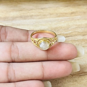 Hot Design Vintage Gold Plated Brass Moonstone <b>Ring</b> Women's Filigree Texture Dainty <b>Ring</b> <b>Statement</b> Wholesale <b>Ring</b> For Women - Product Image 2
