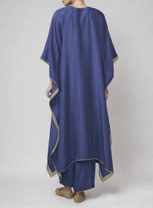 Floral Embroidered Blue Silk Abaya V Neck Loose Fit Three Quarter Sleeve Modest Women's Dress Daily Wear Middle East Style - Product Image 6