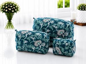 Ensemble de trousses de maquillage modernes en coton matelassé à motif géométrique nautique, avec poignée souple et fermeture éclair, pochettes portables pour le rangement en voyage - Product Image 4