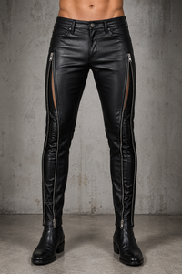 Premium Slim Fit Genuine Leather Pants Men Black Biker Trousers Outer <b>Thigh</b> Zipper Pockets Ankle Zips Custom OEM Wholesale - Product Image 2