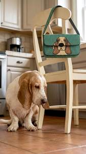 Sac à main en toile brodé fait main avec motif Basset Hound, forme rectangulaire, couleur verte, thème animal, décoration pour la maison - Product Image 2