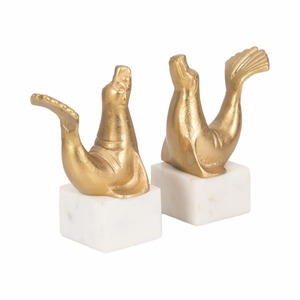 <b>Gold</b> Plated Seal Bookends Sculptural Metal Decorative Home Office <b>Desk</b> Accessory Contemporary Style 2Pcs - Product Image 6