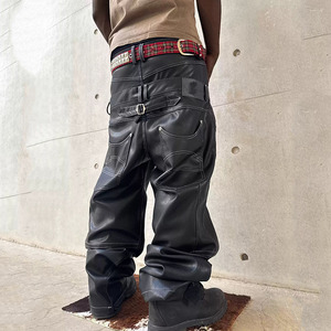 Pantalones Anchos Góticos para Hombre, Cintura Alta, Recubiertos de PU, Múltiples Bolsillos, Negros, Estilo Invernal, Resistentes - Product Image 3