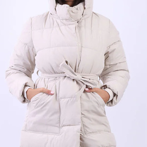 Women's Long Quilted Hooded Puffer Jacket With Belt Closure <b>Thick</b> <b>Winter</b> <b>Coat</b> Full Sleeve Solid Color Polyester Wadding - Product Image 6