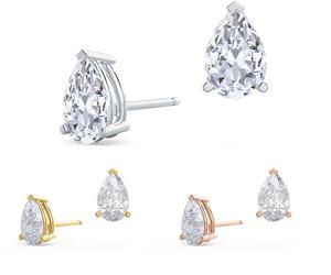 Boucles d'oreilles clous de luxe pour femme en or massif 18 carats certifié, serties de diamants taille poire personnalisés à trois griffes - Product Image 3