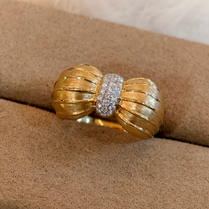 Unisex 14K Gold Silver Plated Bowknot Cocktail <b>Ring</b> Classic Brushed Pave Set Lab Grown Diamond IGI Certified - Product Image 1