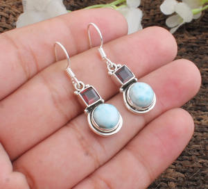 Natural Larimar and Red Garnet <b>Earrings</b> 925 <b>Sterling</b> <b>Silver</b> Larimar <b>Drop</b> <b>Earrings</b> Wholesale Jewelry Manufacturer - Product Image 2