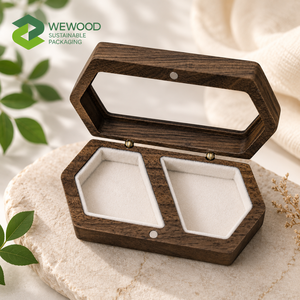 Custom Logo Walnut Wood Double Ring <b>Box</b> with <b>Glass</b> Lid Luxury Wedding Ring Bearer <b>Box</b> Jewelry Gift Packaging - Product Image 1