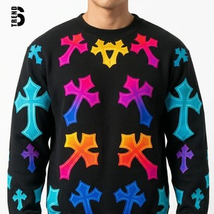 Sudadera con capucha de punto térmico 100% algodón para hombre, de peso pesado, con parche bordado de cruz funeraria y aplique, estilo gótico streetwear personalizado - Product Image 1