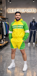 ชุดแจ็คเก็ตและกางเกงขาสั้นกันลมไนลอนสีเขียวเหลืองแบบกำหนดเอง REXFIT SPORTS 2026 แบรนด์ส่วนตัว เสื้อผ้าสตรีทแวร์ ชุดกีฬา เสื้อผ้าสตรีทแวร์สำหรับทุกเพศ - Product Image 6