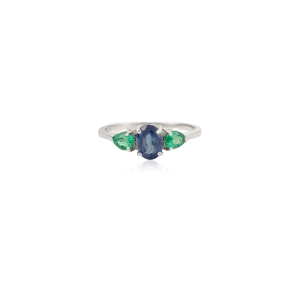 Classy Three Stone Natural Oval Blue Sapphire & Pear Shape <b>Emerald</b> 925 Sterling <b>Silver</b> <b>Ring</b> for Women Wholesale Fine Jewelry - Product Image 1