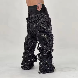 Jean en coton de haute qualité pour homme, nouveau modèle du fabricant, coupe droite déchirée, avec boutons décoratifs, style délavé et patchwork, jambe large - Product Image 3