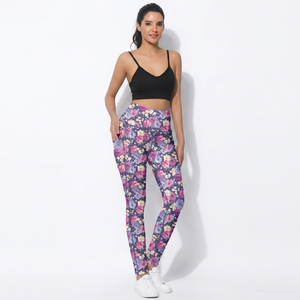 High Waist <b>Floral</b> Print Yoga <b>Leggings</b> With Pockets Full Length Spandex Polyester Four-Way Stretch Elastic Waist - Product Image 6