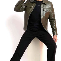 Veste en cuir de vache véritable pour homme, style décontracté, col montant, fermeture éclair, vert olive, coupe classique, vêtement d'hiver coupe-vent