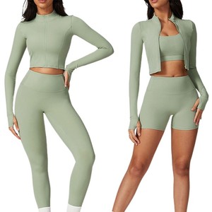 Green 2-Piece Yoga Set Crop <b>Top</b> Full-Length Leggings High Waist Seamless Zipper Front <b>Sweat</b>-Wicking Breathable Spandex Polyester - Product Image 1