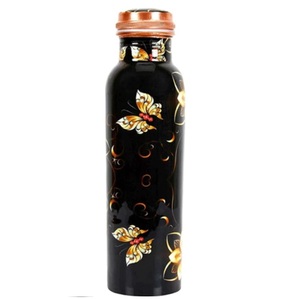 Bouteille d'eau ayurvédique en cuivre pur, personnalisée, finition émail, style floral, prix de gros - Product Image 4