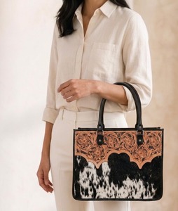 Hand <b>Tooled</b> Cowhide <b>Leather</b> Tote Bag Western Floral Pattern Shoulder Handbag for Daily Travel Shopping - Product Image 4