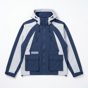 Veste coupe-vent à capuche pour homme, style sportif, blocs de couleur, fermeture éclair, poches hautes avec glissière, extérieur en polyester - Product Image 1