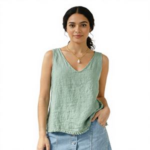 Camiseta sin mangas de algodón tejido con cuello en V para mujer, personalizada OEM de primera calidad, con botones y cuentas, forro suave, transpirable, blusa de verano sin mangas. - Product Image 3