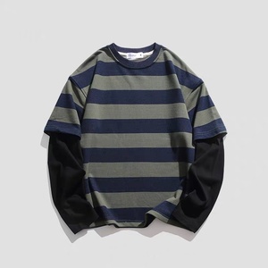High Quality Custom logo DTG Print Long Sleeves Oversized Men French Terry Double Layer Stripe <b>Patchwork</b> Causal <b>Shirt</b> - Product Image 4