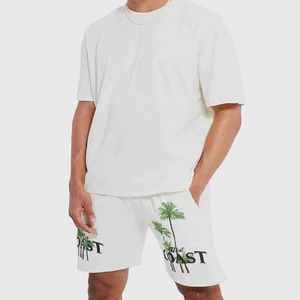Men's White Cotton T-Shirt <b>Set</b> Crew Neck <b>Knitted</b> Casual Summer Wear With Palm Tree Print Coast Design - Product Image 3