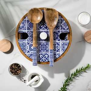 Ensemble de saladiers décoratifs en bois de manguier faits à la main avec des accessoires et un couvercle assortis - Carreaux bleus marocains 4 - Product Image 2