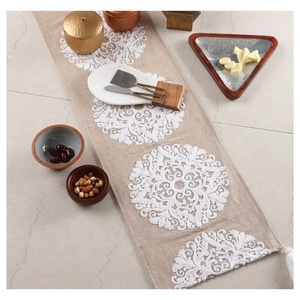 Beige blanco redondo estampado Floral 100% algodón orgánico certificado GOTS camino de mesa de comedor liso decoración de lujo hogar de alta calidad - Product Image 1