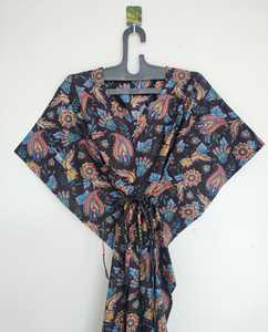 Elegante Vestido Kaftán de Algodón con Estampado Floral Vintage para Mujer, Largo hasta la Rodilla, Detalle de Encaje, Silueta en A, Corte Holgado, Lavable, 3/4 - Product Image 1