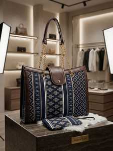 Sac fourre-tout pour femme en cuir PU écologique, imprimé géométrique, peint à la main, avec fermeture éclair et chaînes, idéal pour la plage, l'hiver et l'été, pour le shopping - Product Image 2