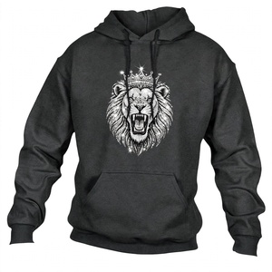 <b>Men</b> Heavyweight <b>Fleece</b> Pullover Hoodie Custom Dark <b>Grey</b> Rhinestone Crown Lion Graphic Streetwear Regular Fit 100% Cotton - Product Image 1