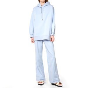Women Light Blue Hooded <b>Tracksuit</b> Set Casual Full Sleeve Solid Color Cotton Loose Fit Sweatshirt And Joggers Spring Wear - Product Image 3