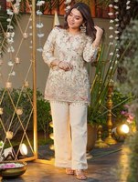 TENNECY Nouvelle Tendance Ensemble Coordonné Femme pour Mariage et Fête Diwali en Soie Crêpe Extensible Broderie Réversible Haut et Bas