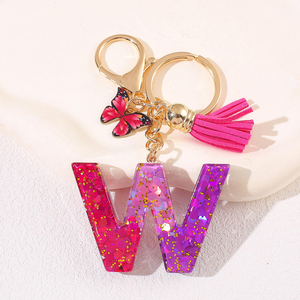 Llavero de resina rojo-morado con purpurina, letra y dije de mariposa, borla, llavero personalizado, bonito colgante para bolso para mujeres y niñas - Product Image 6
