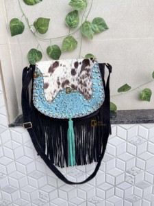 Sac à bandoulière en cuir de style occidental pour femmes, frange en fourrure de vachette de couleur turquoise, sac à main bohème multi-usage, lettre - Product Image 5