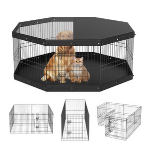 Corral Metálico Plegable de 8 Paneles Expandible para Perros con Cubierta Superior y Base Acolchada de 24" de Altura, Valla para Mascotas para Interiores, Jaula para Cachorros - Product Image 1