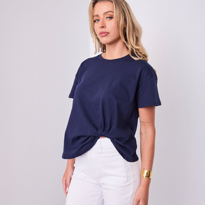 T-shirt femme en coton uni à taille froncée, col rond, séchage rapide et respirant, coupe décontractée, idéal pour l'été – Nouvelle collection très prisée - Product Image 3