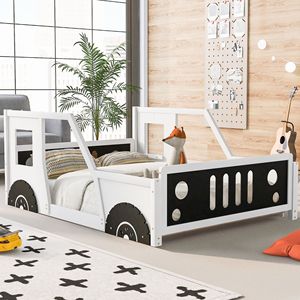 Letto a piattaforma a forma di auto d'epoca bianca con ruote per bambini - Product Image 2