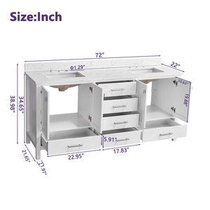 Mobile bagno bianco da 72 pollici con doppio lavabo sottopiano e elegante mobiletto contenitore con piano superiore - Product Image 4