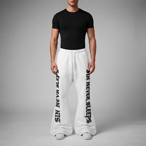 Pantalon de survêtement large évasé pour homme, taille à cordon, lettres brodées, style décontracté urbain, en coton éponge respirant 400 GSM - Product Image 1