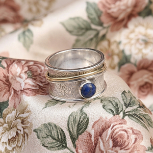 925 Sterling <b>Silver</b> Brass Spinner <b>Ring</b> Natural Lapis Lazuli Gemstone Floral Scroll Band Meditation Anxiety Handmade <b>Ring</b> <b>men</b> Her - Product Image 1