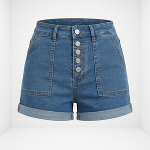 Short en jean taille haute pour femme, coupe droite, bleu délavé, décontracté, été, ourlet retroussé, boutonnage frontal, coupe classique - Product Image 5