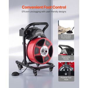 Macchina per la pulizia degli scarichi 4-in-1 con alimentazione manuale, fresa a spirale da 50 FT x 1/2 pollice su ruote, 4 frese, attivazione ad aria e interruttore a pedale - Product Image 6
