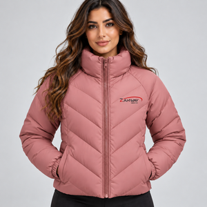 Chaqueta Acolchada para Mujer, Color Rosa, Cuello Alto, Cierre Completo, Abrigo de Invierno, Color Sólido, Logotipo Frontal, Ligera - Product Image 1