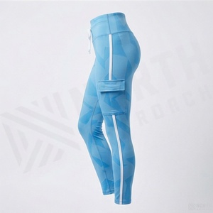 High Waist Blue Geometric Print <b>Leggings</b> With <b>Pockets</b> Full Length Sporty Stretch Breathable Quick Dry Women's Yoga Pants - Product Image 3