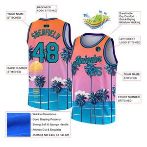Camiseta de Baloncesto Sublimada Personalizada con Estampado de Palmeras Tropicales, Unisex, para Adultos, Transpirable, de Malla de Poliéster que Absorbe la Humedad - Product Image 2