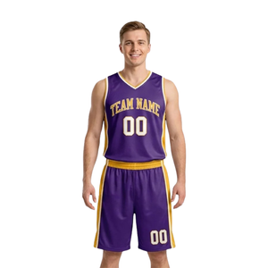 Uniforme de basket-ball à rayures latérales pour hommes, maillot sans manches à col en V et short ample assorti avec nom d'équipe et numéros de joueur personnalisés - Product Image 1