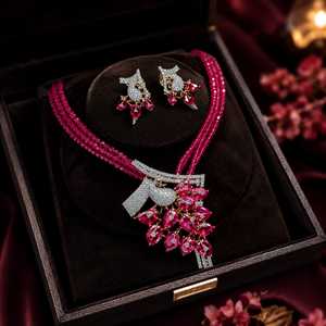 Premium <b>Ruby</b> Pink Brass CZ Classic <b>Necklace</b> Earrings Set Rhodium Plated Tassel Bridal Wedding Jewelry LISAJEWELLERS for Women - Product Image 5