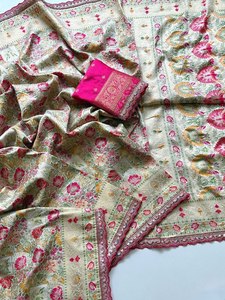 Sari en soie de Cachemire Pashmina Grace Royal, traditionnel, élégant, pour mariage, avec richement orné, et pièce de chemisier assortie, taille XL - Product Image 5